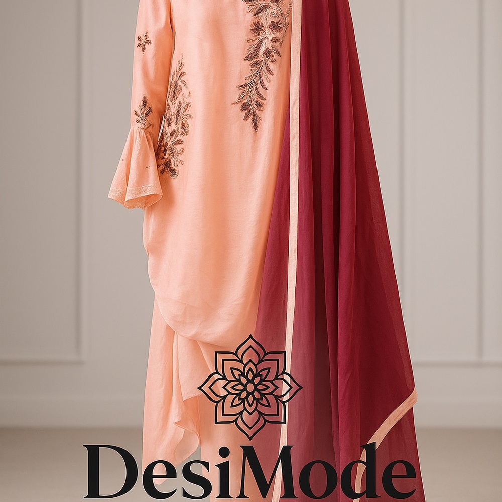 Peach and Maroon Embroidered Dress